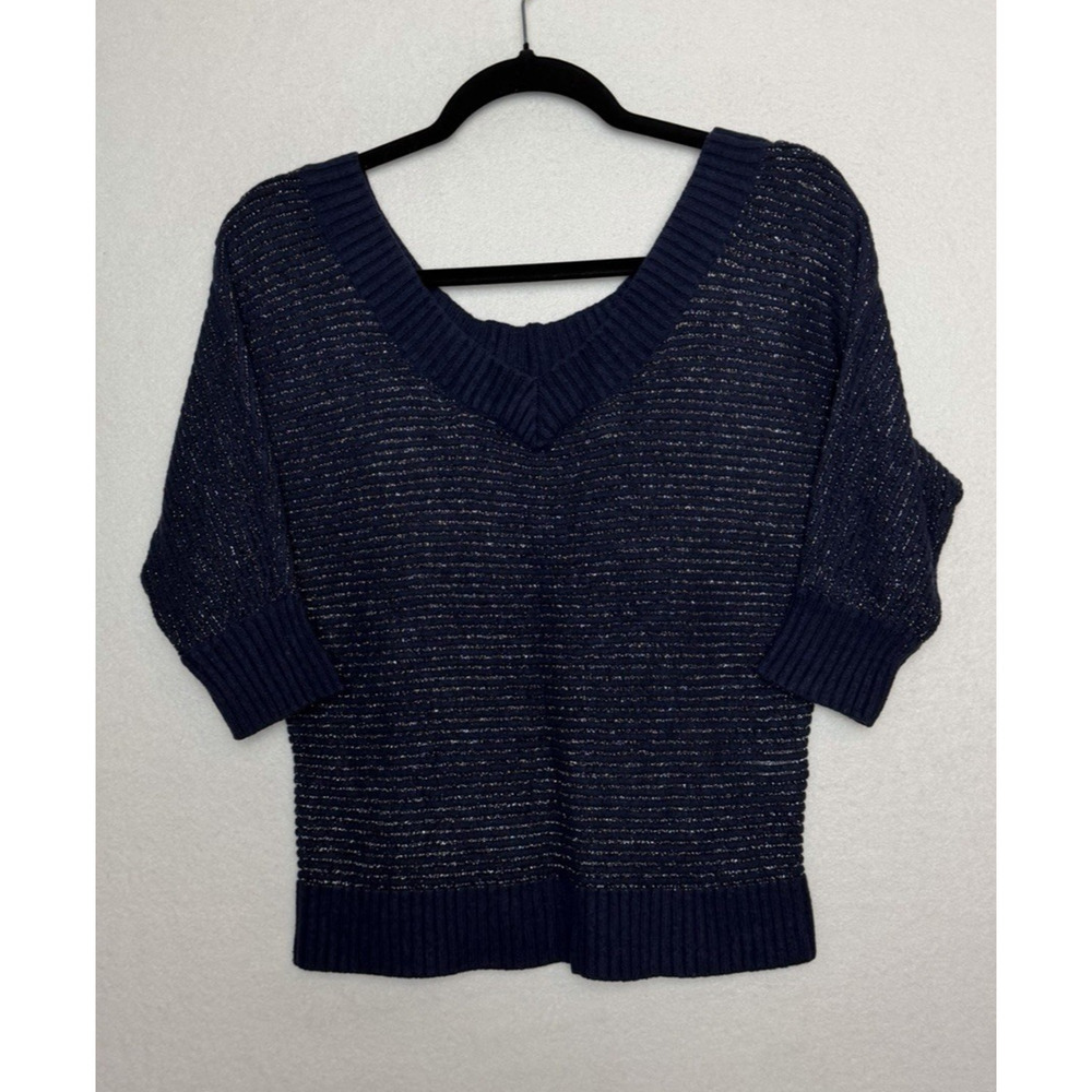 Express Women's Navy Blue V-Neck Metallic Shimmer Sweater 3/4 Sleeve Size Medium